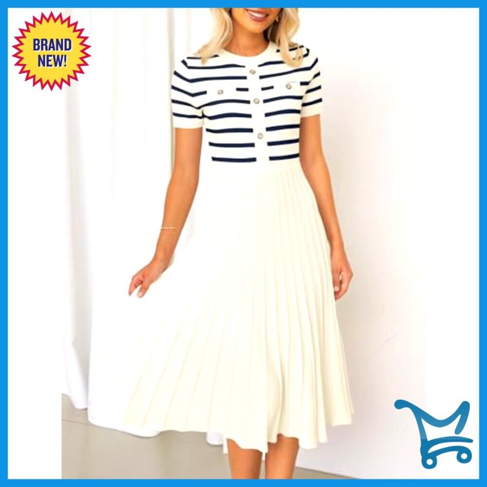 Casual Midi Dress Crewneck Short Sleeve Button Ribbed Knit Swing Pleated A-Line - Picture 3 of 7